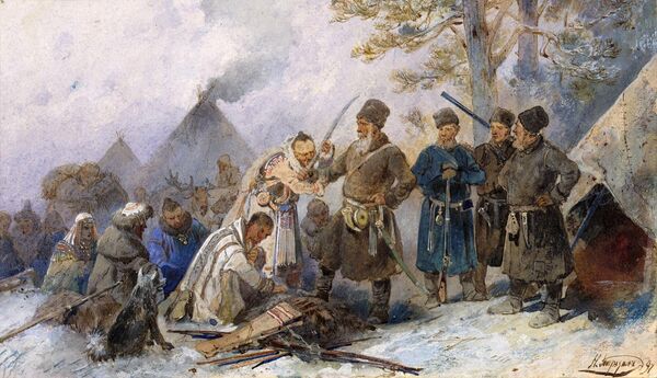 Подведение сибирских инородцев под высокую Царскую руку. Художник Н. Н. Каразин