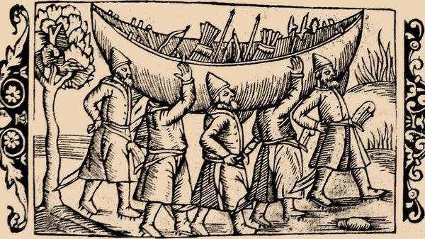 Перенос лодки с оружием волоком, гравюра из книги Олафа Магнуса, 16 век