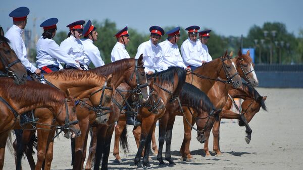 Казаки на лошадях на берегу реки в Ростове-на-Дону