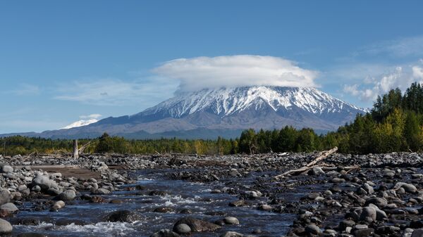 Вид на вулкан Острый Толбачик с русла реки Студеной на Камчатке