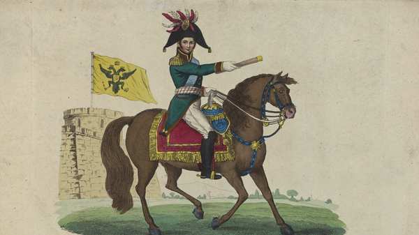 Александр I на коне., Великобритания, 1815 г., Бумага, офорт, раскраска