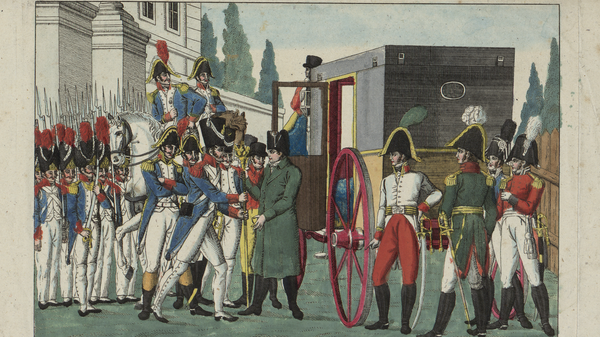 Наполеон прощается с гвардией в Фонтенбло, Антон Лейтнер, Вена, Австрия, первая четверть XIX в. Бумага, раскрашенная гравюра-