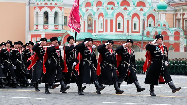 Парадный расчет Всероссийского кубанского общества на военном параде в честь 76-й годовщины Победы в Великой Отечественной войне в Москве. 