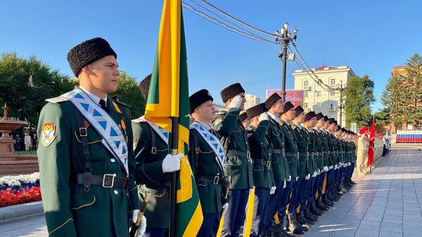 Репетиция казачьего расчета перед парадом Победы над милитаристской Японией и окончания Второй мировой войны в Хабаровске 