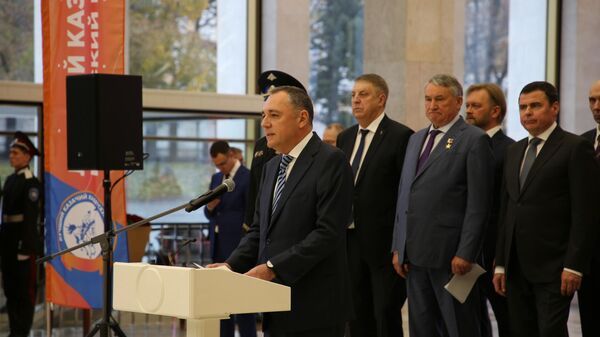 Зампредседателя Совета при Президенте РФ по делам казачества, замруководителя аппарата Правительства РФ Денис Молчанов на вручении переходящего знамени Президента РФ лучшему казачьему кадетскому корпусу в Кремлевском дворце Зампредседателя Совета при Президенте РФ по делам казачества, замруководителя аппарата Правительства РФ Денис Молчанов на вручении переходящего знамени Президента РФ лучшему казачьему кадетскому корпусу в Кремлевском дворце