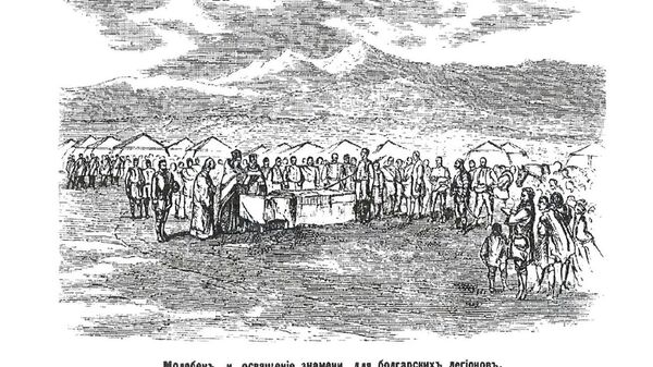 Зарисовки Николая Каразина с молебна и освящения Самарского знамени. Журнал Нива, 1877 год, №23