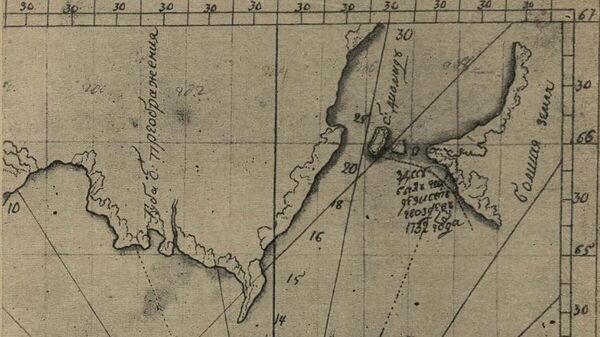 Меркаторская карта 1743 года. Морская партия миссии Афанасия Шестакова (экспедиция Федорова-Гвоздева). Слева – Евразия, справа – Северная Америка (Большая земля). Трогательная надпись: Здесь был геодезист Гвоздев. 1732 год. Из книги Алексея Ефимова Из истории русских экспедиций на Тихом океане. Первая половина XVIII века. Москва, 1948 год