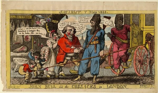 Джон Булль (собирательный, часто карикатурный, образ среднего англичанина) принимает в Лондоне свирепых русских казаков. Иллюстрация из британской прессы XIX века