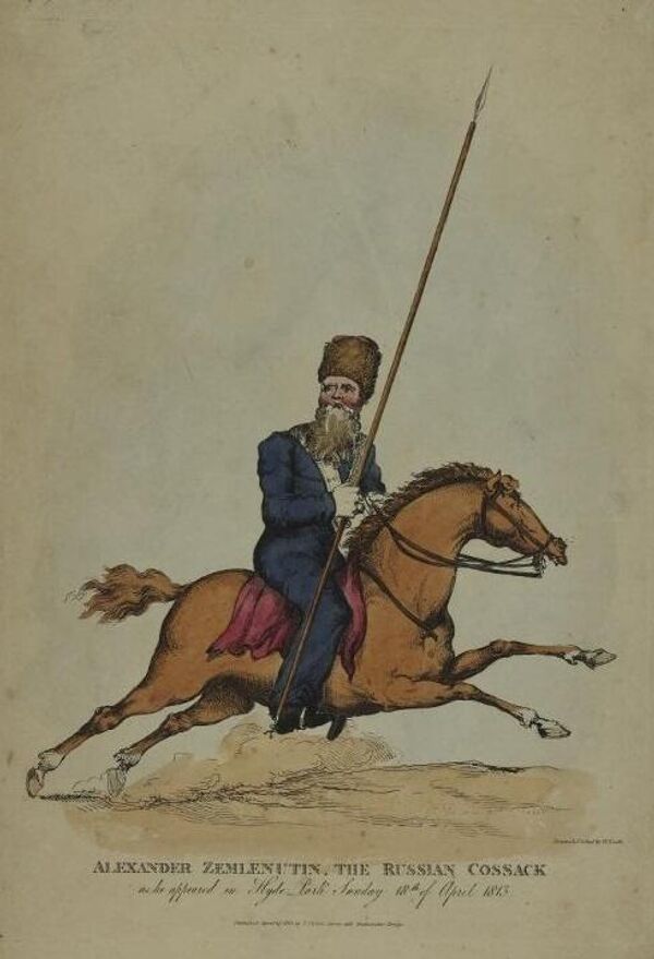Уильям Хит. Русский казак Александр Землянухин во время появления в лондонским Гайд-парке 18 апреля 1813 года. Экспонат музея им. Александра Пушкина Уильям Хит. Русский казак Александр Землянухин во время появления в лондонским Гайд-парке 18 апреля 1813 года. Экспонат музея им. Александра Пушкина