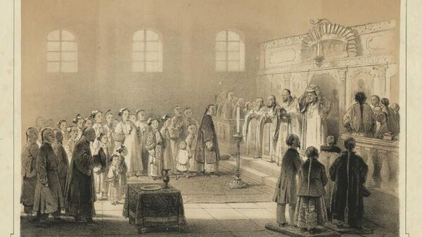 Божественная литургия, совершаемая православным русским духовенством в Пекина албазинцам (потомкам пленных русских, захваченным китайцами в 1685 году при взятии крепости Албазин на Амуре). Санкт-Петербург. 1859 год