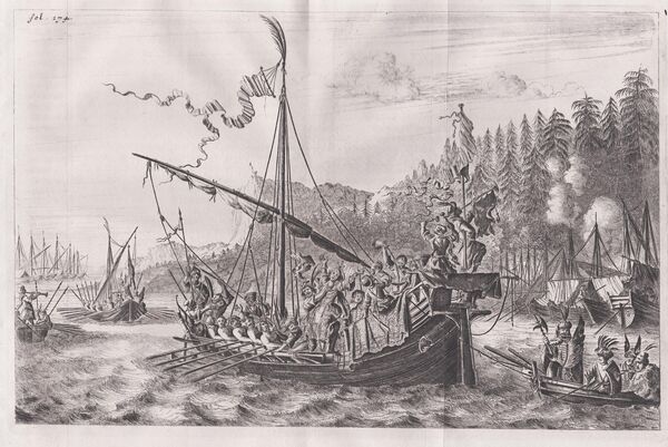 Степан Разин выбрасывает персидскую княжну в Волгу. Иллюстрация из книги Яна Стрёйса Три достопамятных и исполненных многих превратностей путешествия по Италии, Греции, Лифляндии, Московии, Татарии, Мидии, Персии, Ост-Индии, Японии и различным другим странам, 1681 год