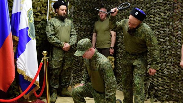 Церемония верстания в казаки бойцов добровольческого отряда БАРС-6 Форштадт