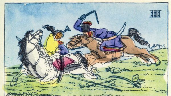 Сюжет с казаком, хлещущим нагайкой французского улана, был симпатичен Ивану Теребеневу. Он неоднократно его использовал, в том числе в разрезной азбуке Подарок детям в память о событиях 1812 года 